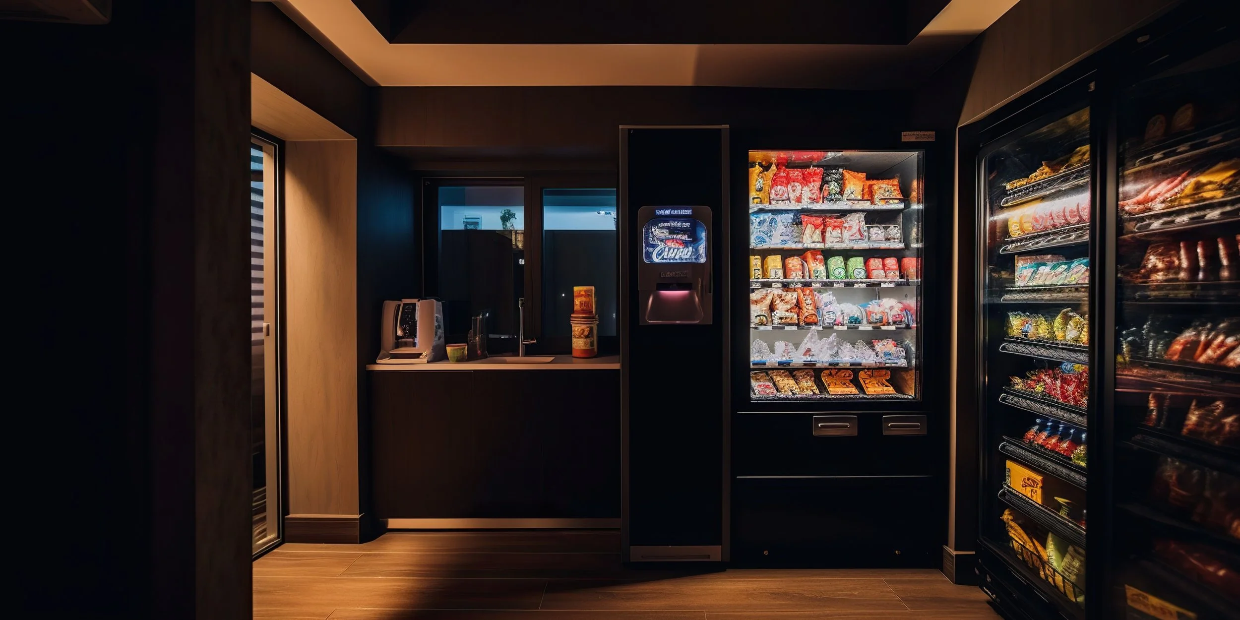 A dimly lit snack vending area with three vending machines filled with snacks, a countertop with a phone, and a window in the background.