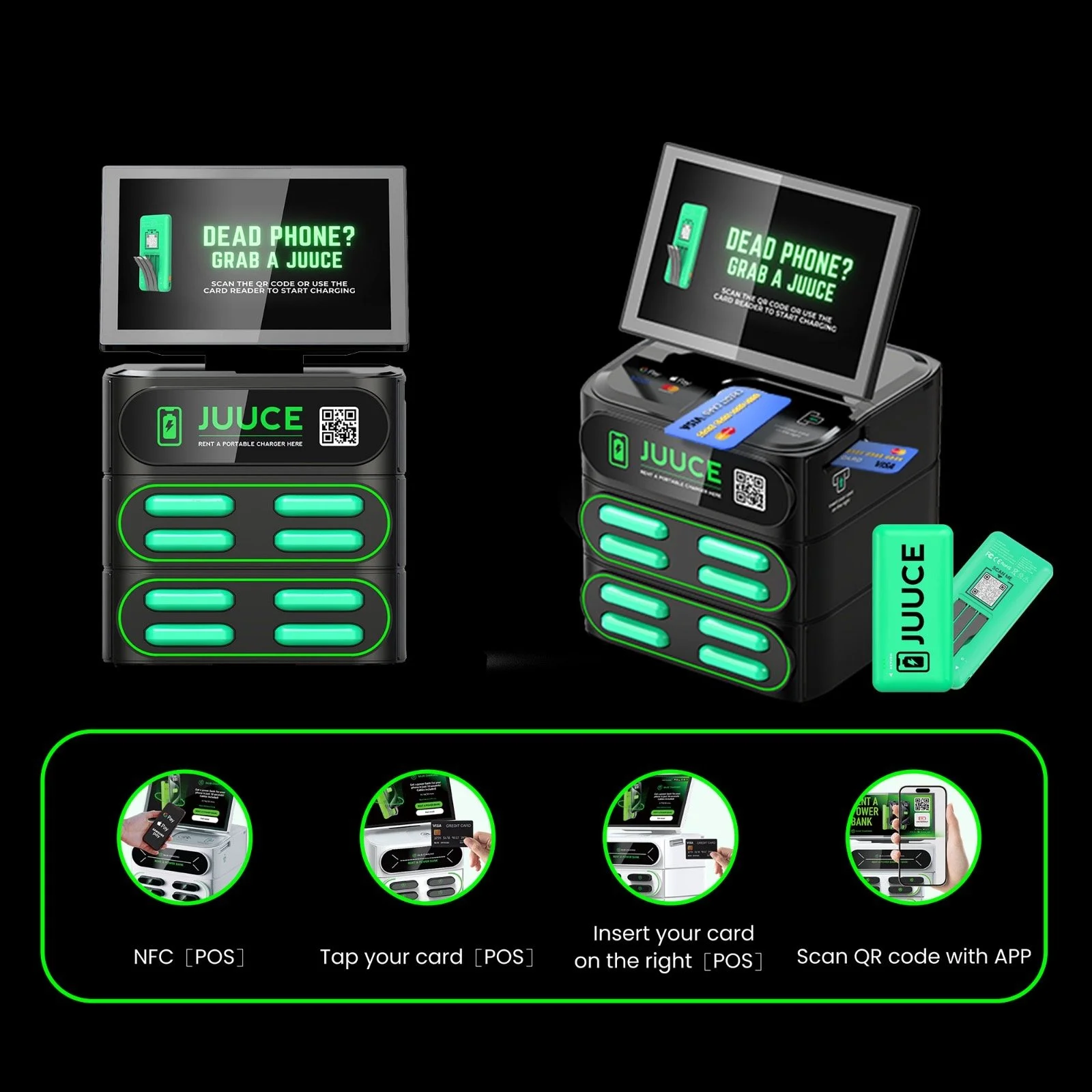 A digital kiosk for charging phones, featuring a screen displaying "Dead Phone? Grab a Juice," with an NFC reader, card slot, and a QR code scanner. Instructions show how to use the NFC, tap card, insert card, or scan QR code for charging.