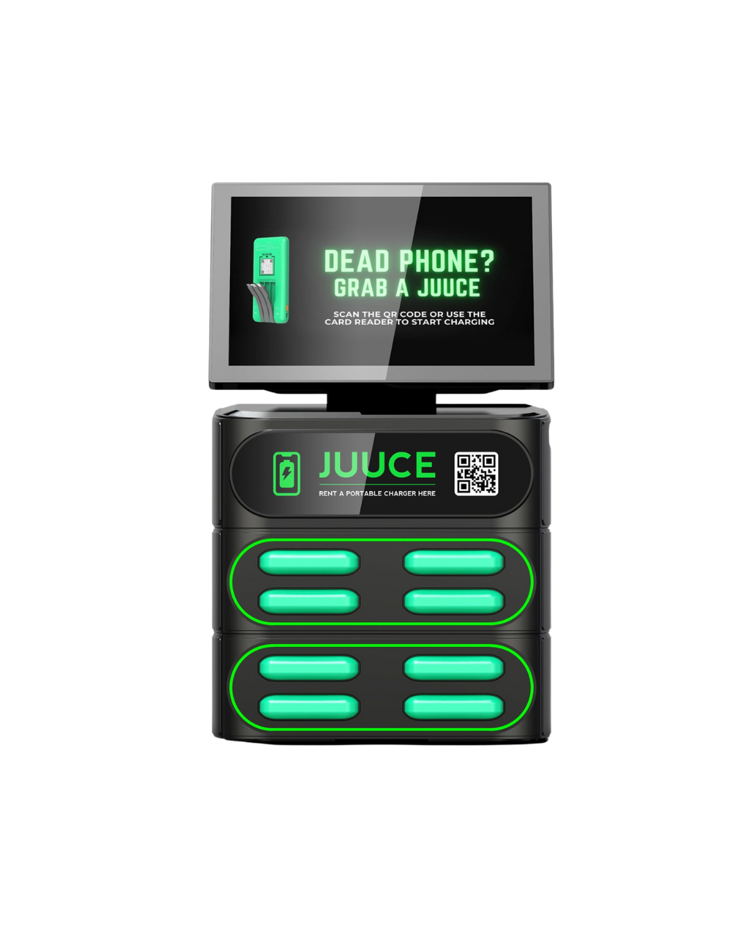 A vending machine for charging portable phones with a digital screen that says 'Dead Phone? Grab a Juice'. It has neon green accents and includes a QR code.