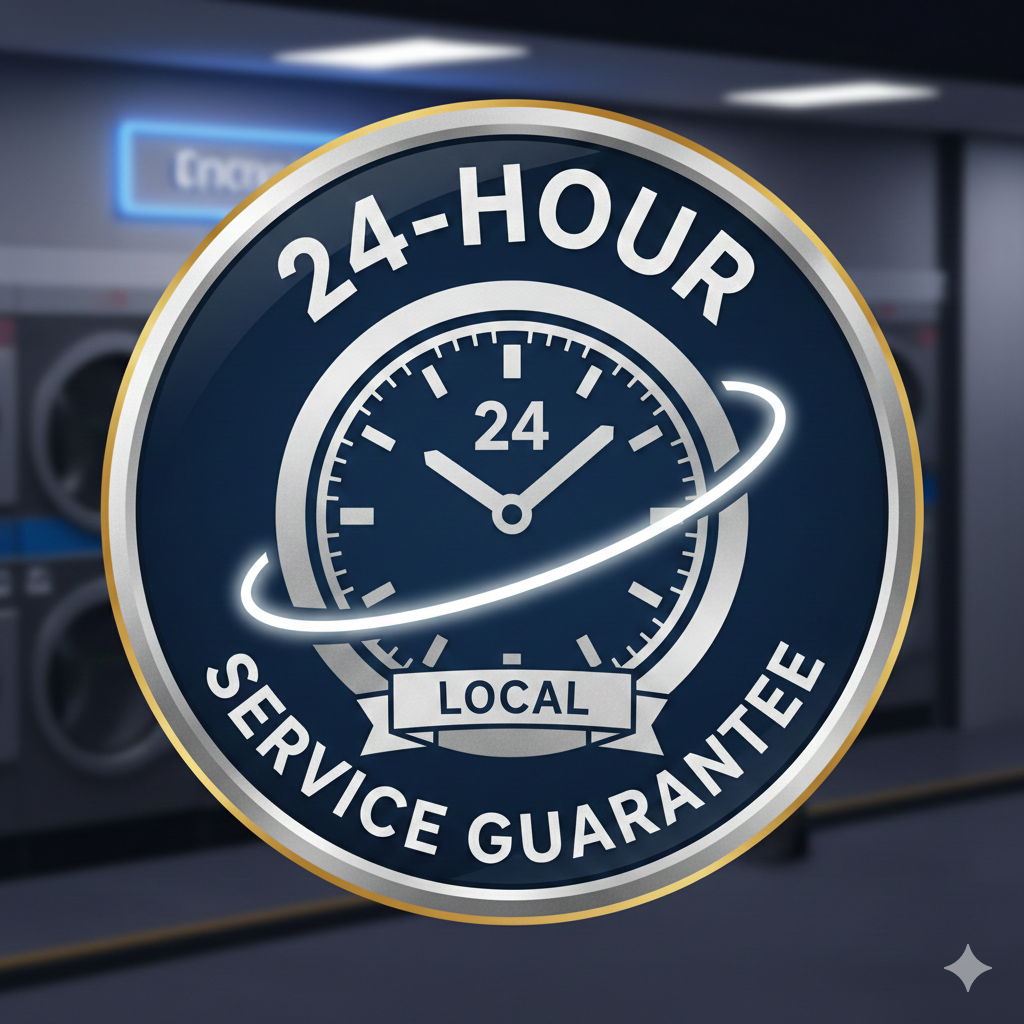 A circular sign indicating 24-hour service, featuring a clock showing around 1:10, with 'LOCAL' and 'SERVICE GUARANTEE' written on it, set against a laundromat background.