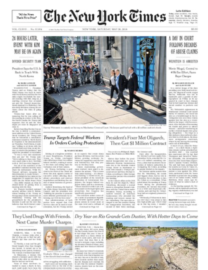 Page A1 of The New York Times, May 26, 2018.