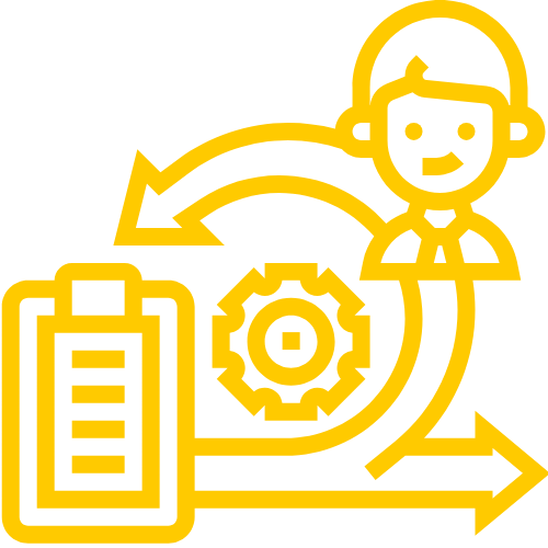 A yellow digital illustration of a person with a clipboard, gear, and arrow symbols, representing process or workflow.