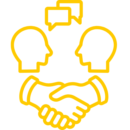 Outline of two human heads facing each other with speech bubbles above, and a handshake below, all in yellow on a black background.