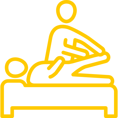 A yellow line drawing of a person receiving a massage while lying on a massage table.