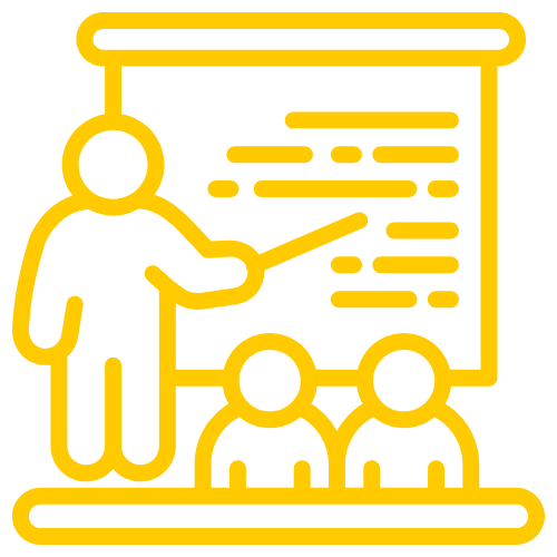 A person giving a presentation in front of an audience with a presentation board.