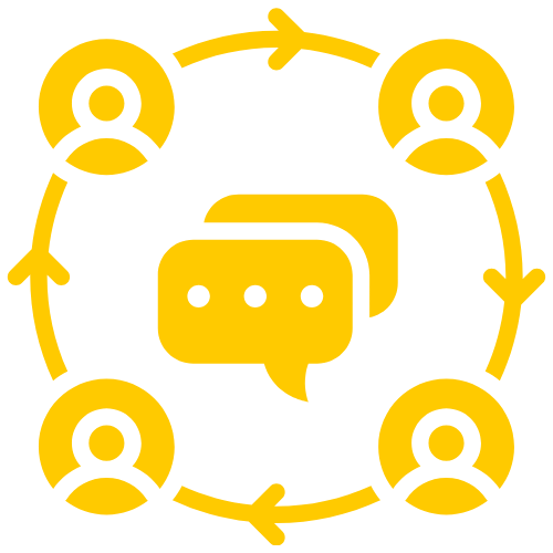 Icon of four people connected in a circle surrounding speech bubbles, representing communication or collaboration.
