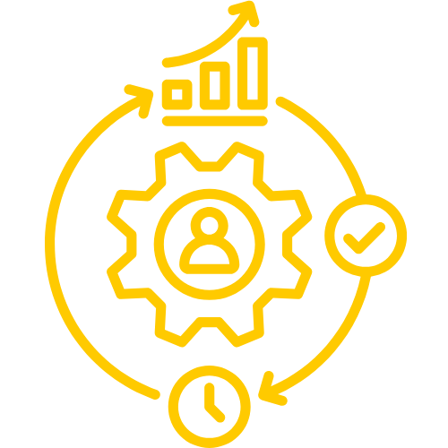 A yellow infographic illustrating a cycle of process or productivity, featuring a gear with a person icon in the center, surrounded by icons of a bar chart with upward trend, a checkmark, and a clock, connected by arrows.