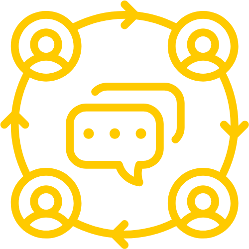 Icon of four people connected by arrows forming a circle, with a chat bubble in the center.