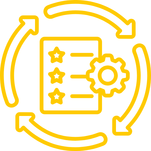 Yellow icon of a checklist with three stars, a gear, and two circular arrows surrounding it, representing process or workflow automation.