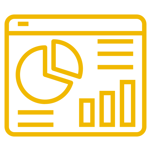 Icon of a computer screen displaying a pie chart and bar graphs in yellow and black.