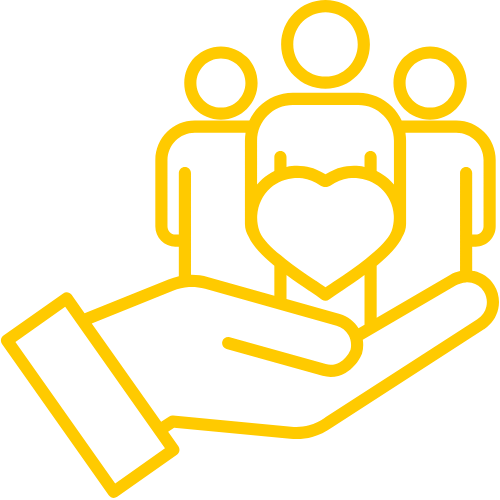 Outline of a hand holding a heart with three people in the background.