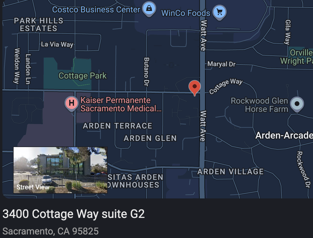 Map showing location of 3400 Cottage Way Suite G2 in Sacramento, California. Nearby landmarks include Kaiser Permanente Sacramento Medical Center, Forest Park, and Rockwood Glen Horse Farm. Street view inset of the building at the address.