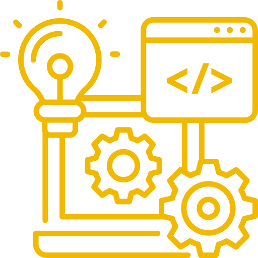 Outline of a light bulb connected to computer gears and a web code window, symbolizing ideas, innovation, and technology.