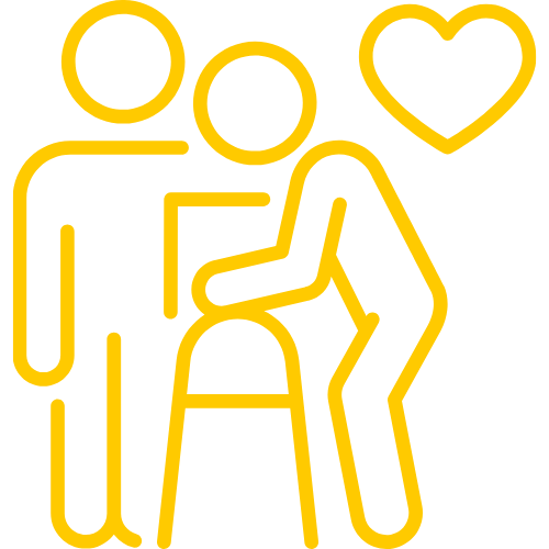 Outline drawing of two people hugging with a heart symbol above them.