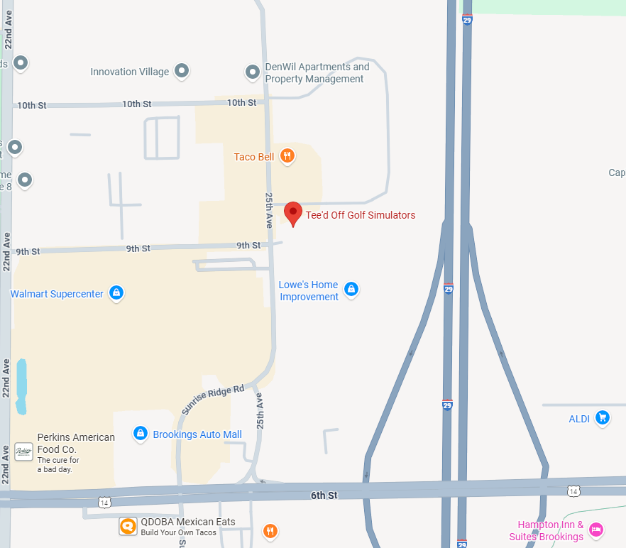 Map showing location of Tee'd Off Golf Simulators near Taco Bell, Walmart Supercenter, Lowe's Home Improvement, ALDI, and other stores, with nearby highways I-29 and Route 14.