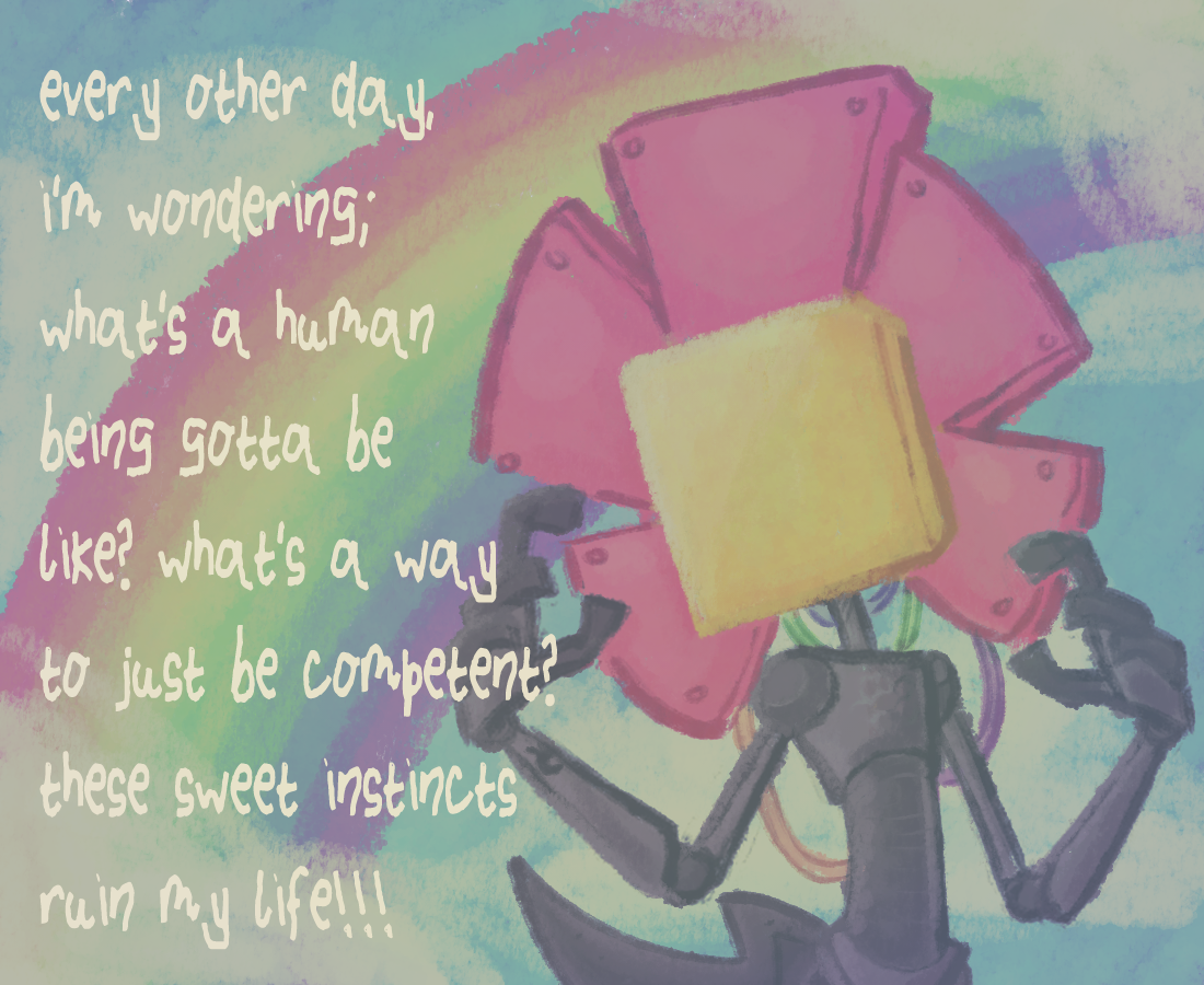 A colorful animated robot with a pink and yellow head, holding a pink cardboard box over its head, with a rainbow in the background and a quote about human nature written in white text.