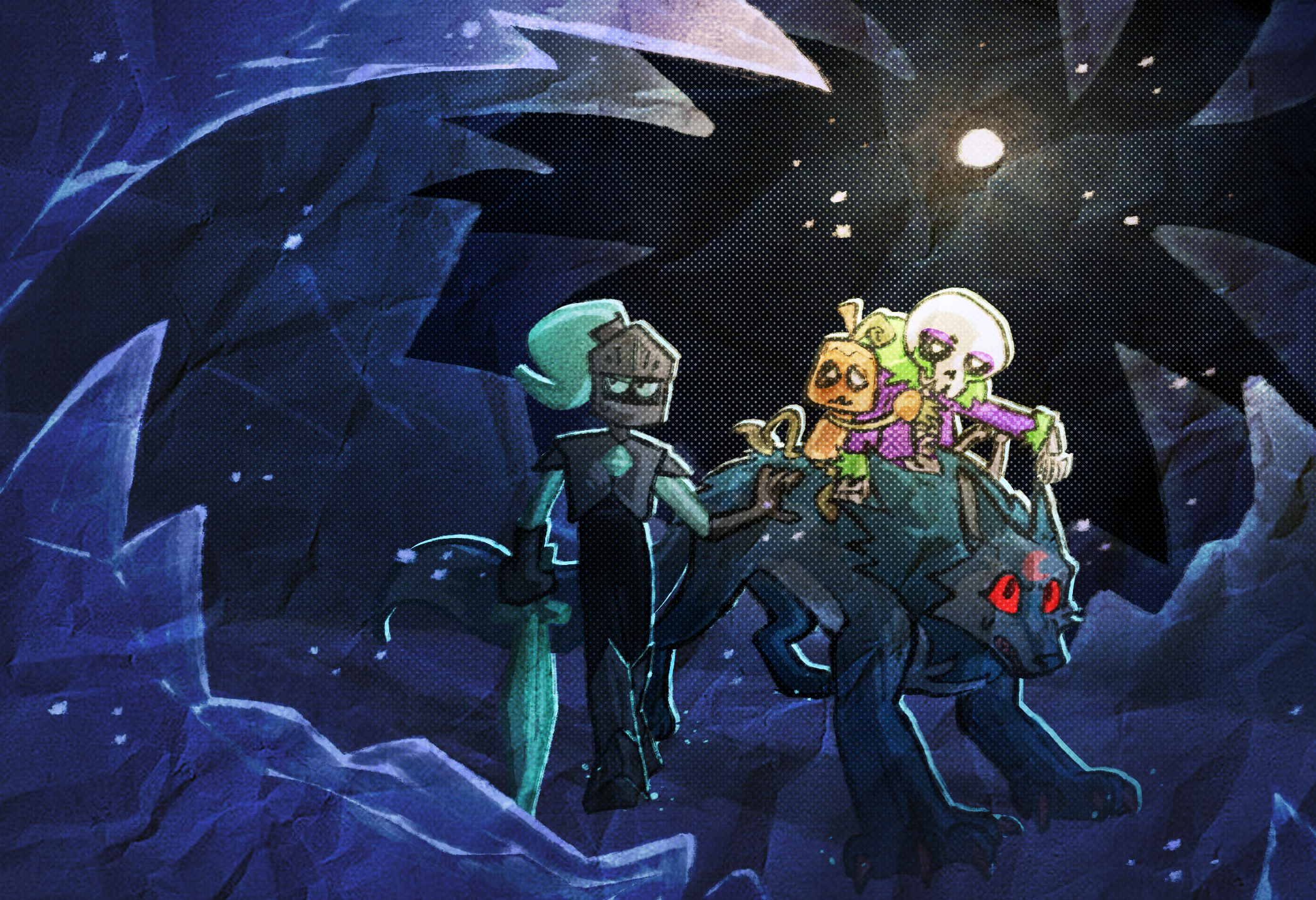 Cartoon-style illustration of a girl with turquoise hair riding a large, dark dog-like creature with red eyes, surrounded by spooky characters including a skeleton, a pumpkin-headed figure, and a ghostly green figure, in a dark, rocky cavern with a g