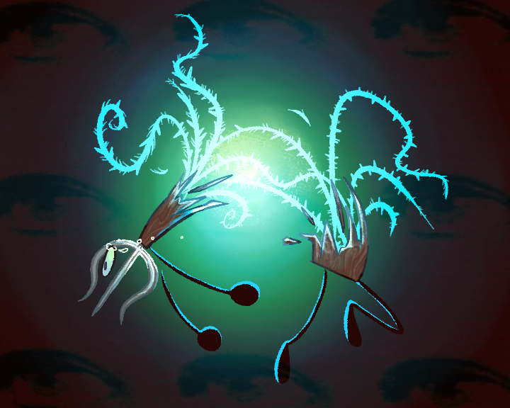 Fictional fish with glowing, lightning-like tendrils, a glowing green background, and dark shadows.