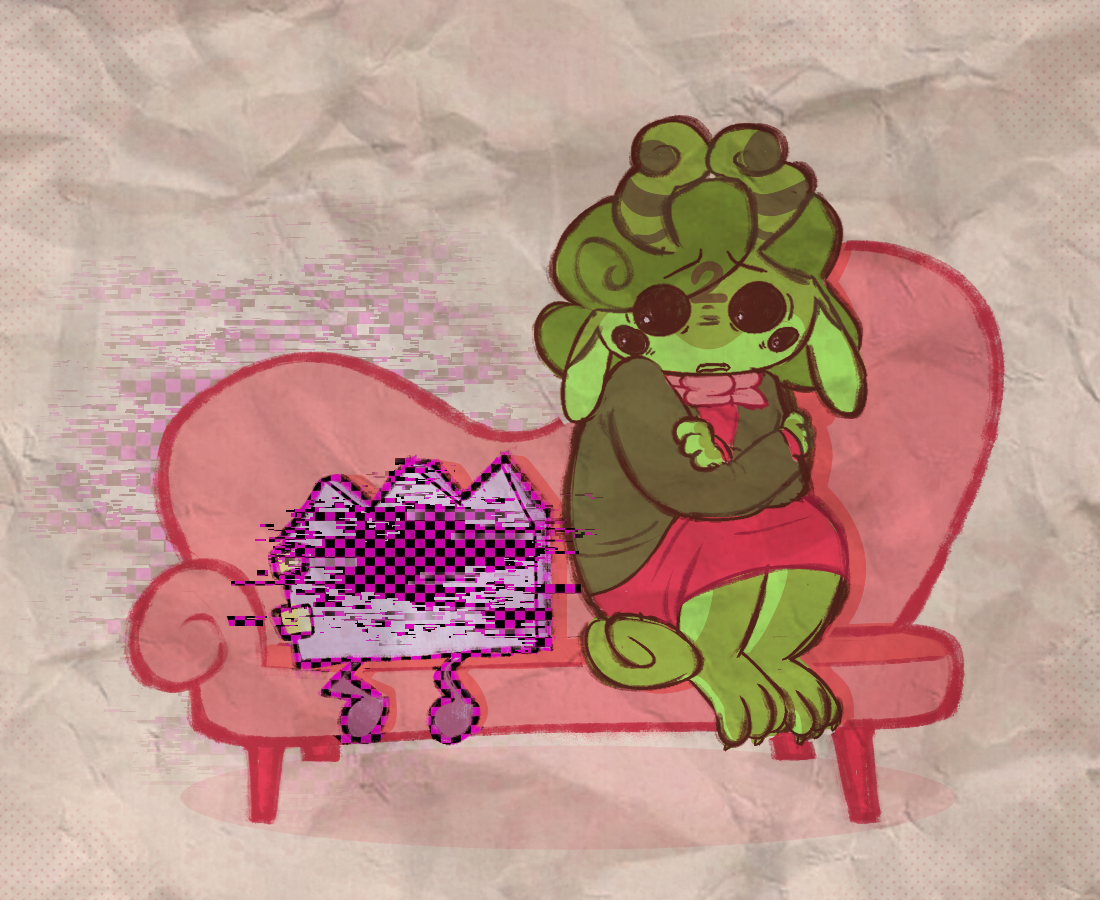 Cartoon of a green frog character with curly hair sitting on a pink vintage sofa with crossed arms, next to a glitchy, pixelated purple and black creature.