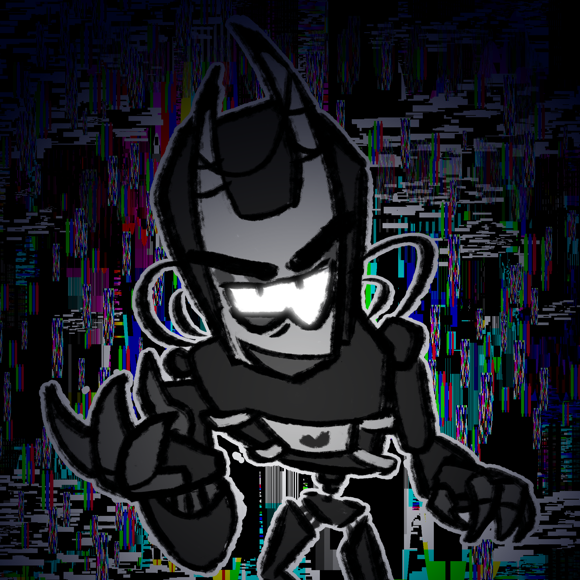 Black and white drawing of a cartoon character with goggles, spiky hair, and a mischievous expression, making a gesture with one hand.