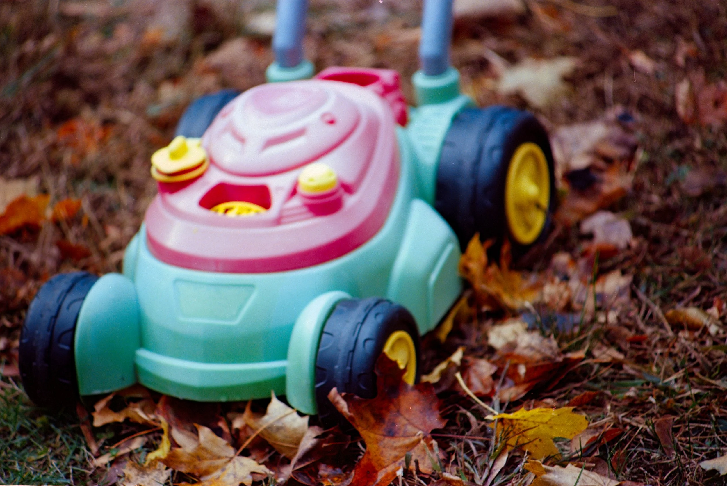 A small plastic toy car on a bed of fallen autumn leaves.