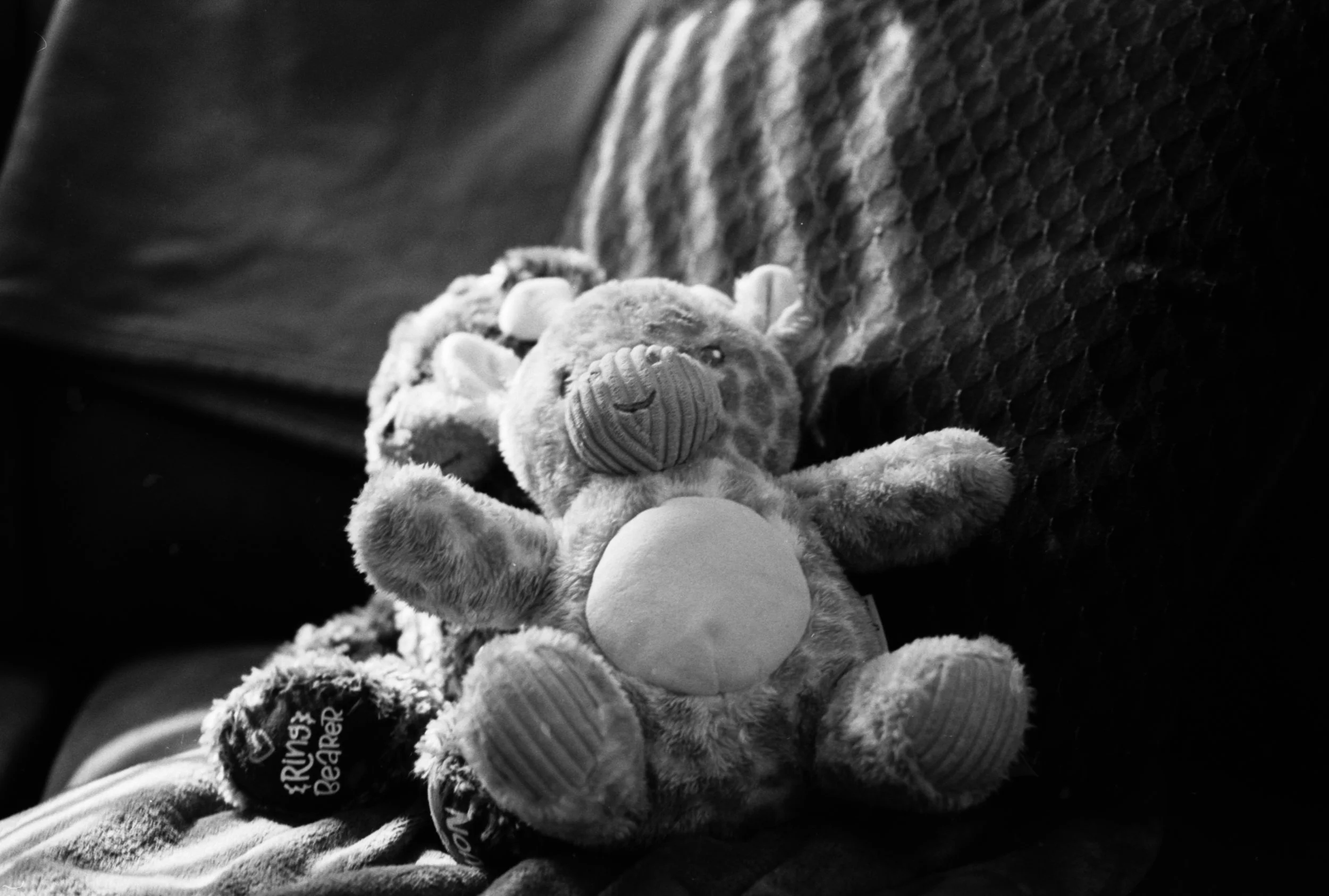 A stuffed lion toy with a soft mane and a plush body, resting on a person's lap, with a textured pillow in the background.