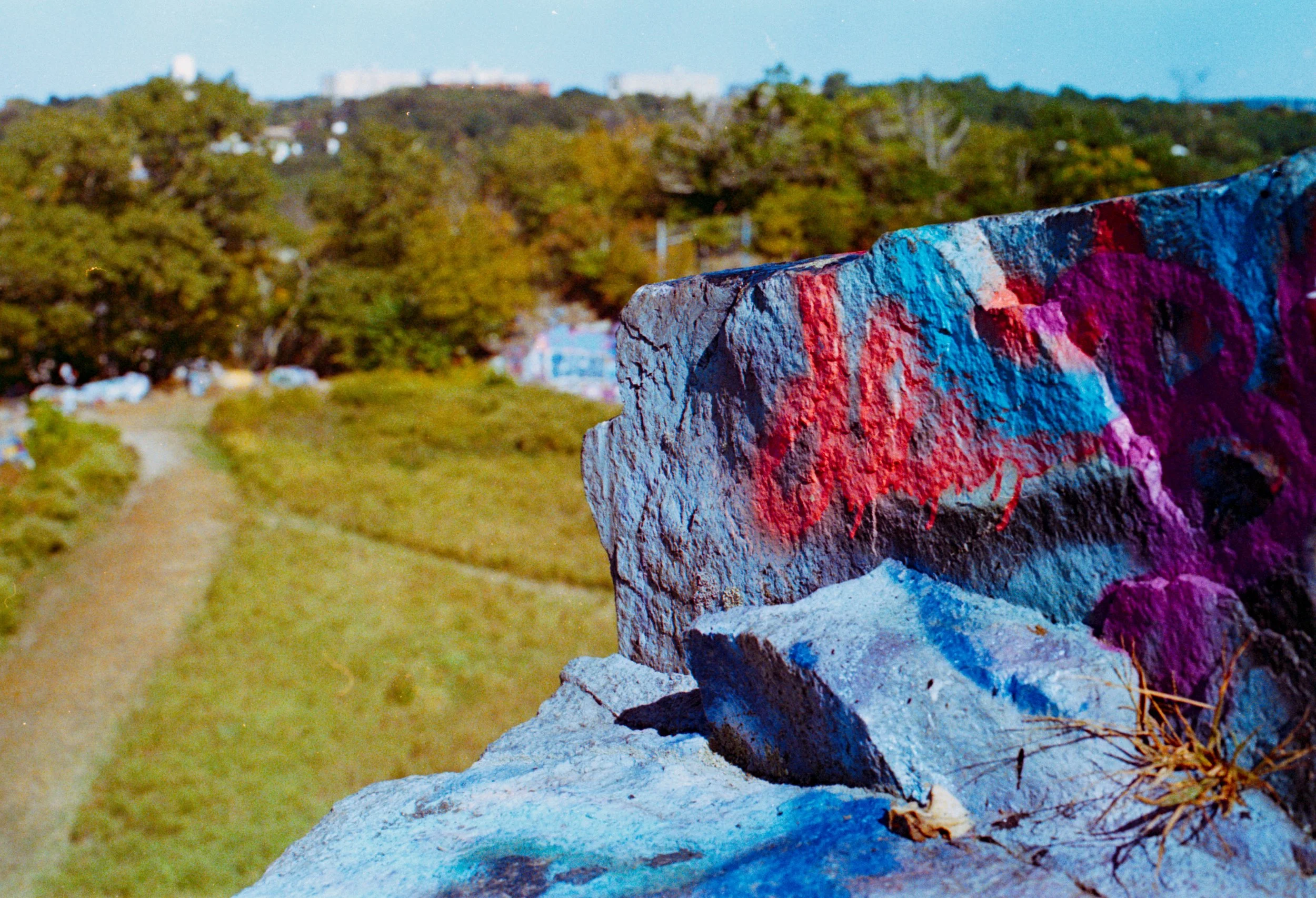 Close-up of a rock with colorful graffiti, with a grassy trail and trees in the background.