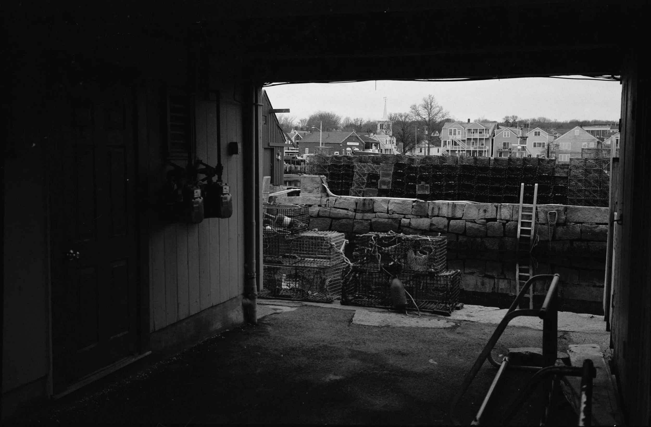 View from inside a garage looking out to a backyard with stacked stone wall, wire traps, and a ladder, overlooking suburban houses in the distance on a cloudy day.