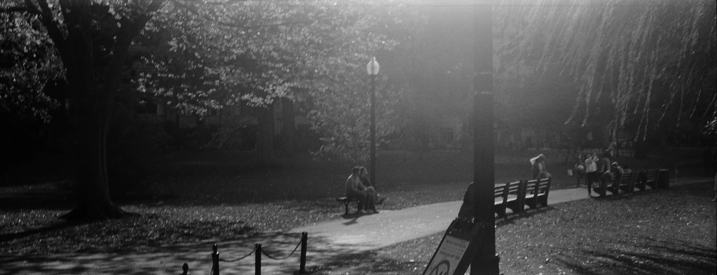 A black and white photo of a park at night with several benches, a few people sitting and standing, and trees illuminated by a streetlamp.