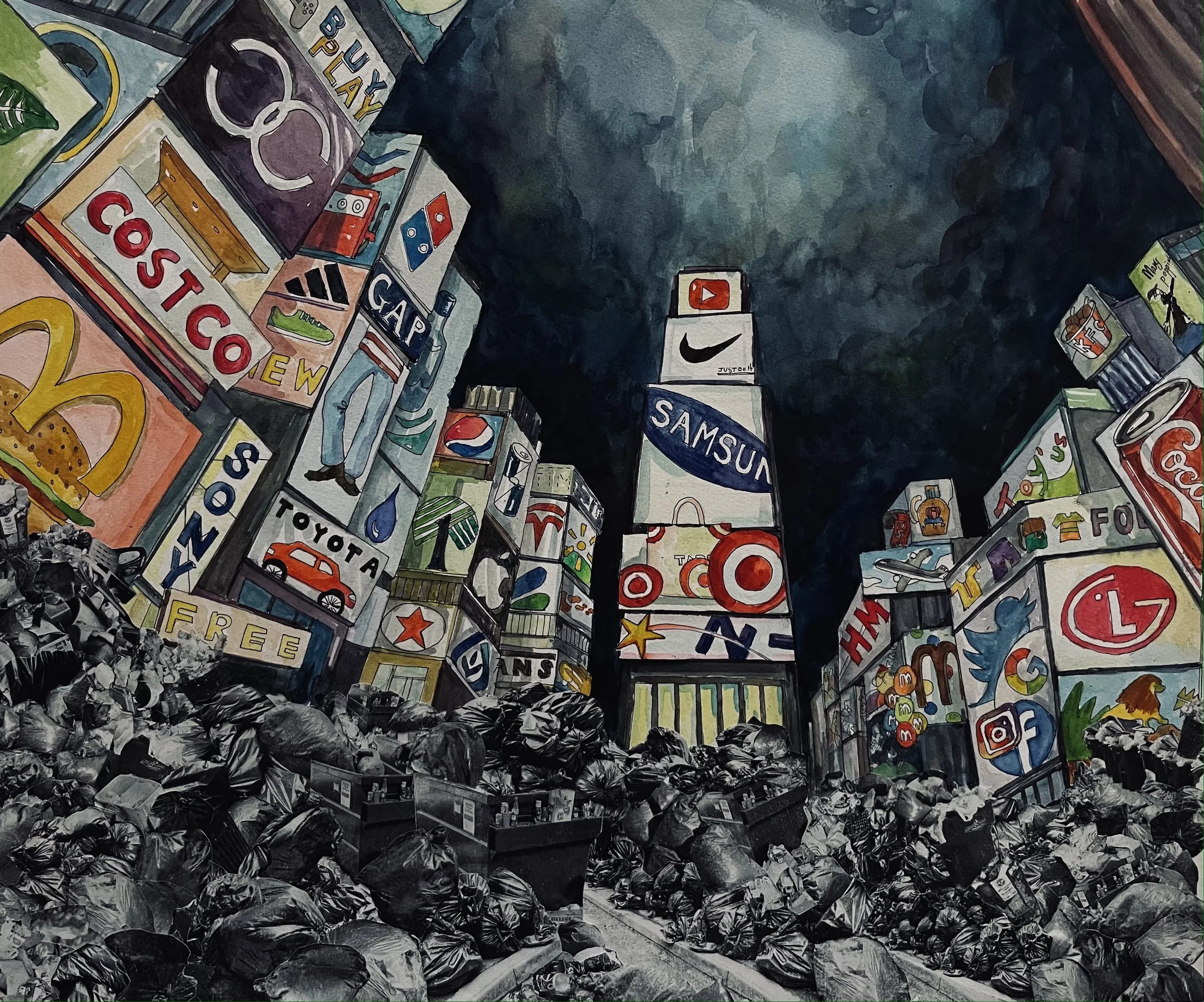 Jonathan R. — Set against the backdrop of a hyper-commercialized cityscape, this piece examines the tension between corporate visibility and social invisibility, reflecting on environmental and cultural excess in contemporary urban life.