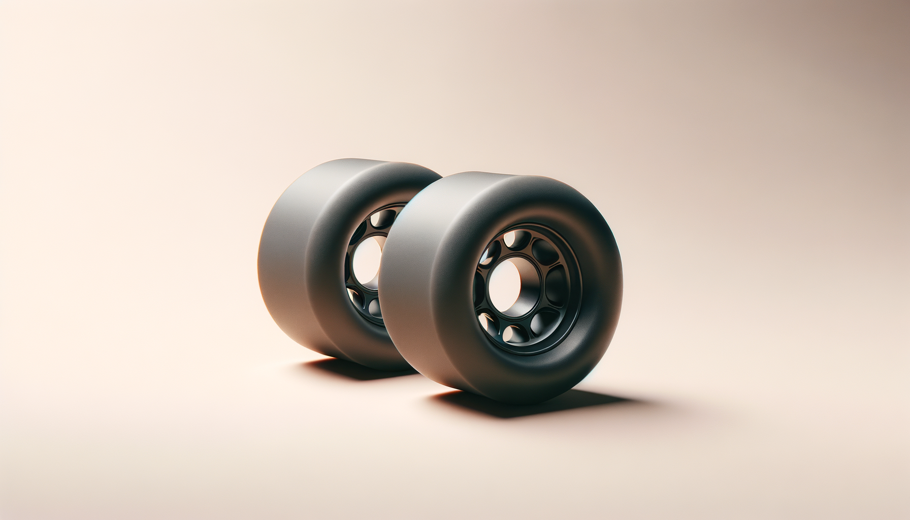 Two black skateboard wheels with metal hubs, positioned side by side on a plain light beige background.