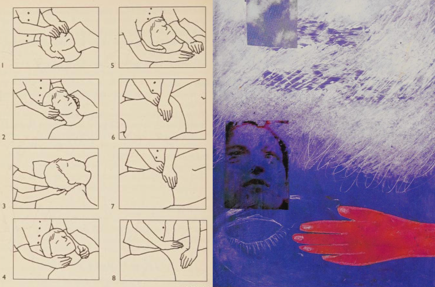 A sequence of illustrations demonstrating hands on reiki on a person's head and neck, and an artistic collage featuring a woman's face, a red hand, and abstract textures in blue and purple colors.