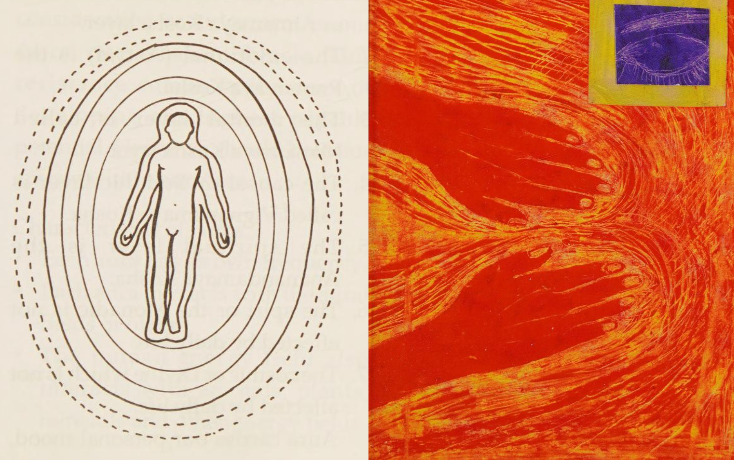 The left side shows a black and white outline of a human figure with concentric ovals around it. The right side features an abstract orange and red artwork with swirling patterns and a small inset of a stylized eye with a purple background.