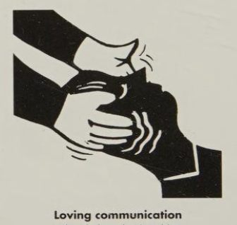 Illustration of two hands, one reaching out with a ringing bell and the other holding a singing bowl, symbolizing loving communication.
