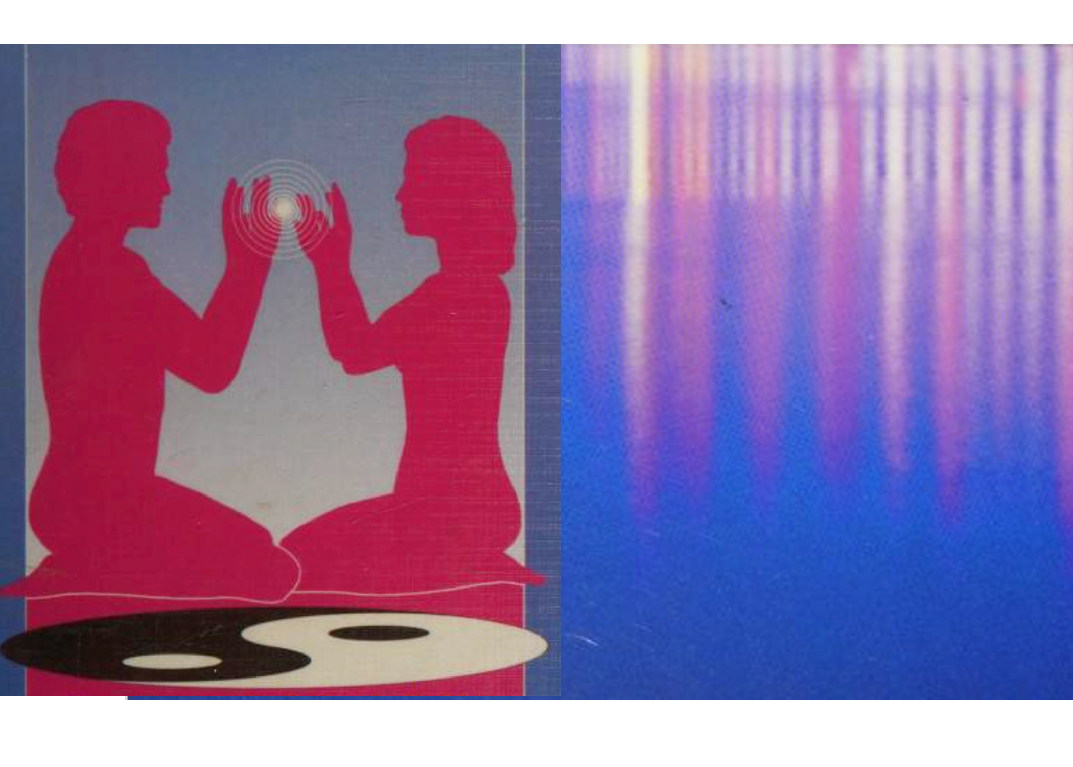 A digitally manipulated image split into two parts. The left side shows two human silhouettes in red, kneeling and facing each other, with their hands touching and a yin-yang symbol below them. The right side features a pattern of vibrant, vertical stripes of purple, pink, blue, and white.