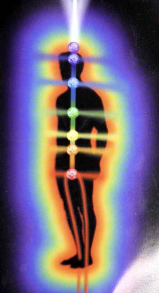 Silhouette of a person standing with legs apart, with a colorful line and circular markers along the body, set against a black background with rainbow-colored aura radiating outward.