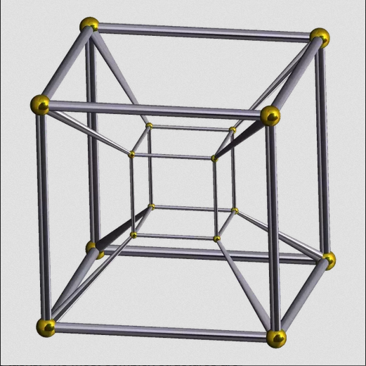 3D geometric structure with interconnected metal rods and gold spherical joints, forming a cube within a larger cube.