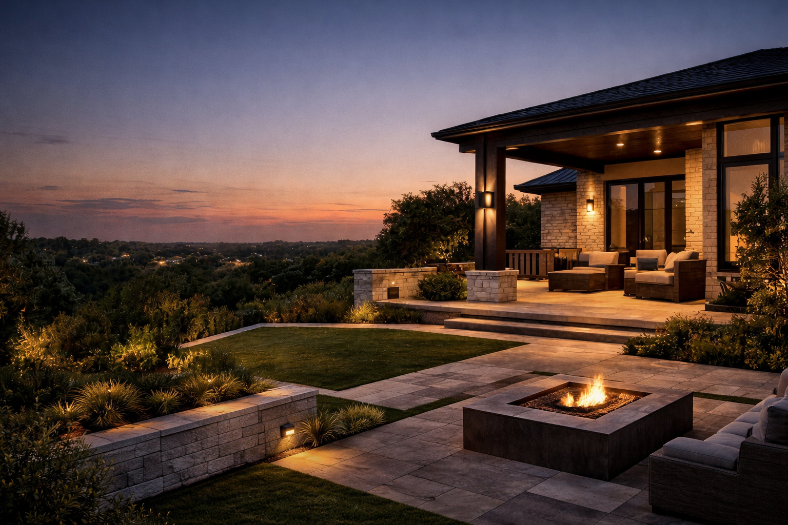Elegant backyard patio with outdoor seating, fire pit, lush landscaping, and scenic view at sunset.