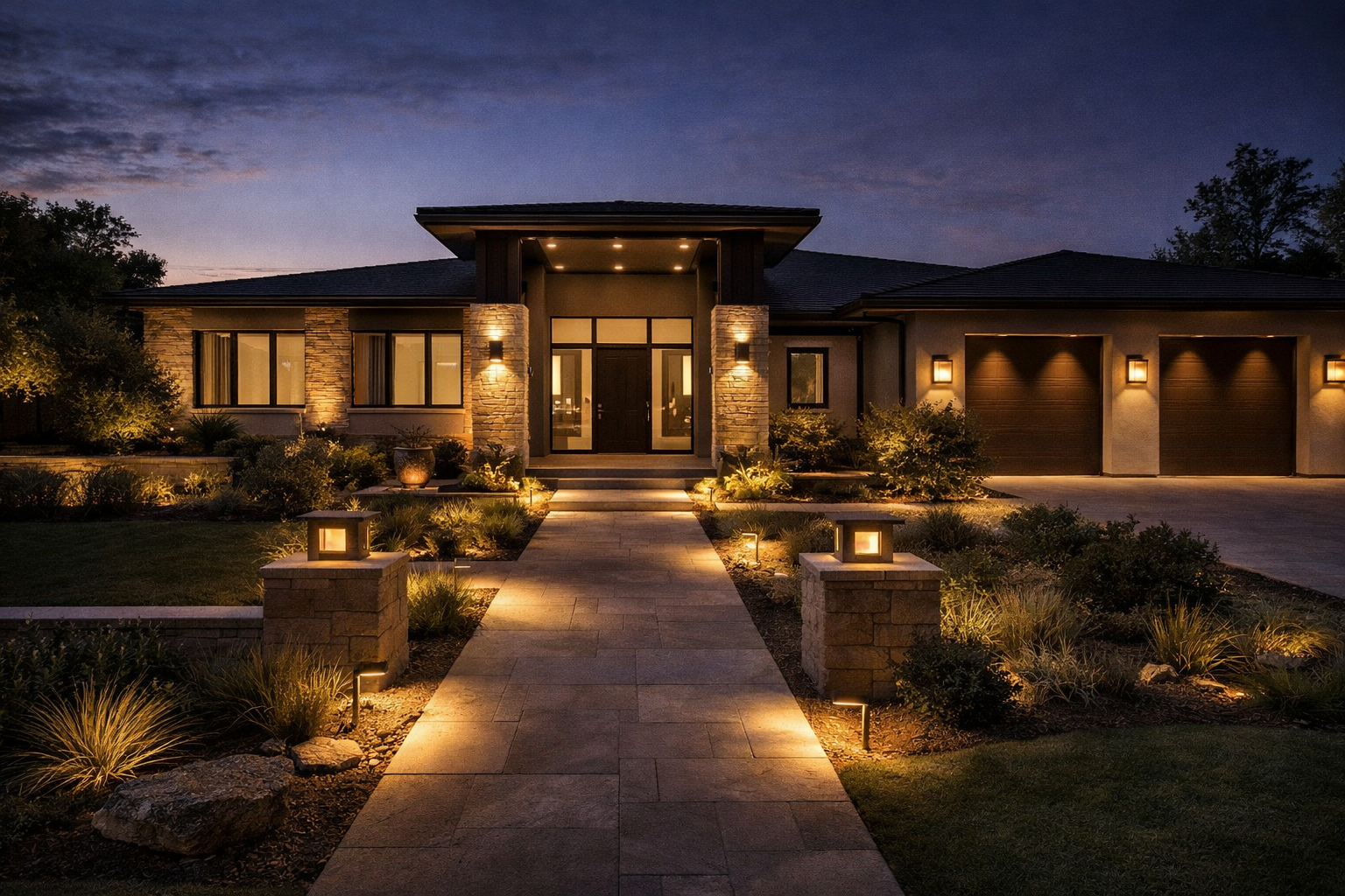 Night view of a modern house illuminated with outdoor lighting, including pathway lights and wall-mounted lamps, with a landscaped front yard.