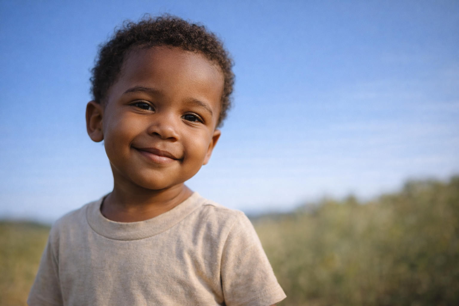 A young boy with short curly hair smiling outdoors against a blue sky and blurred greenery background.