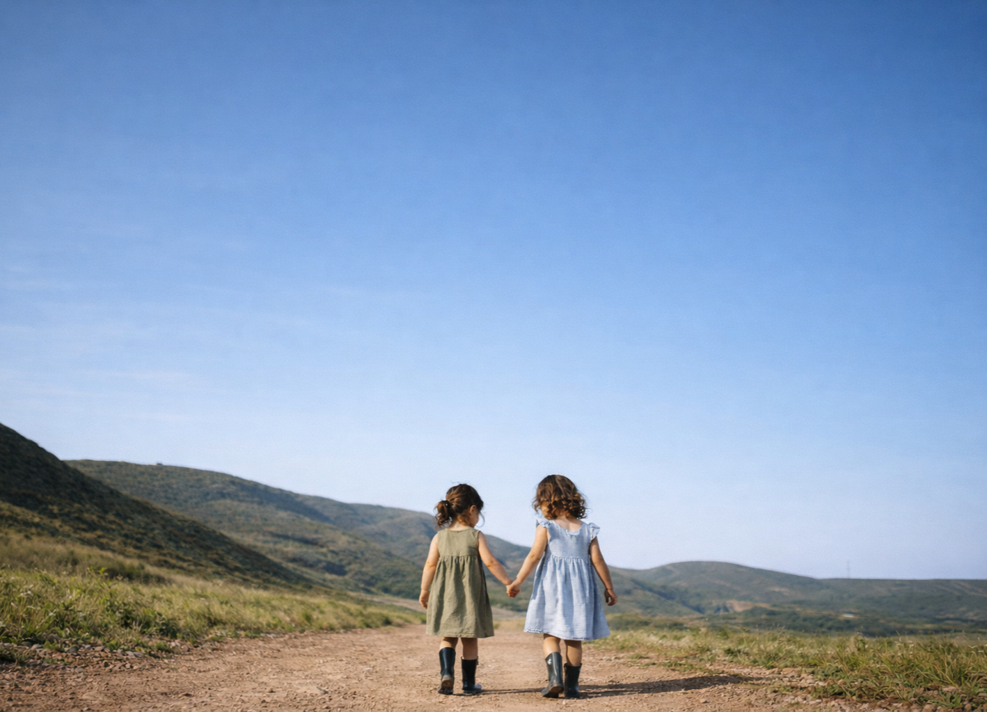 Two young girls walking hand in hand on a dirt path through a grassy landscape with hills, under a clear blue sky.