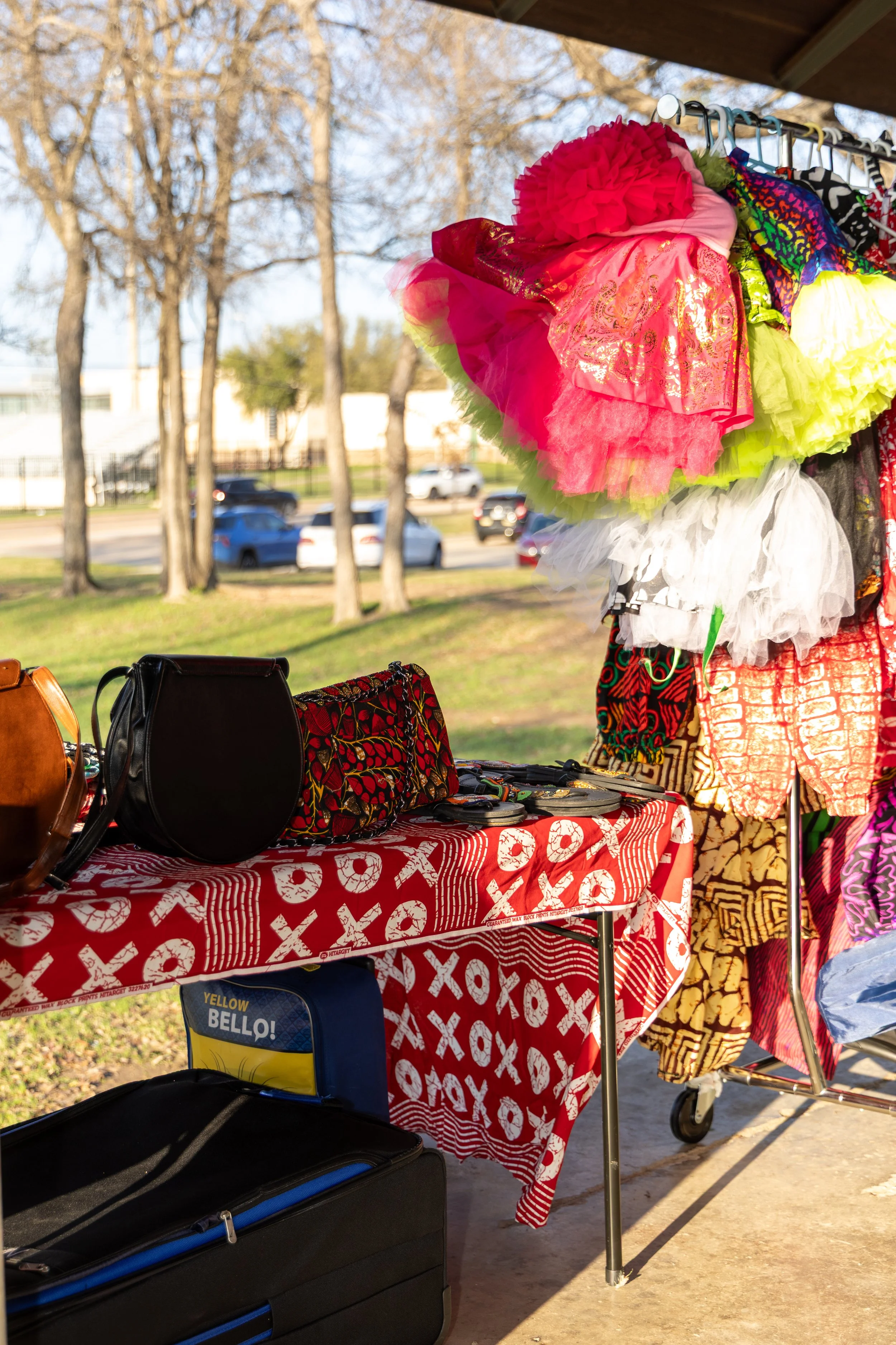 A table covered with a red and white patterned tablecloth displaying handbags, and a rack with colorful dresses, including tutus and vibrant costumes, outdoors with trees and cars in the background.