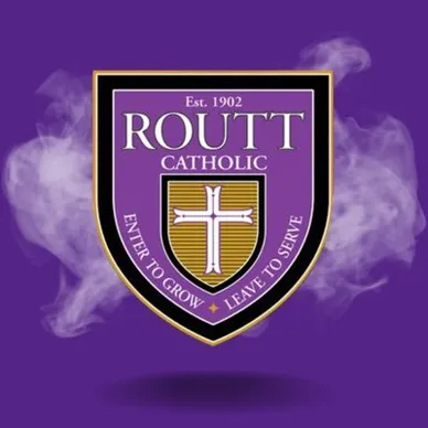 School emblem with a purple background, featuring the name 'Routt Catholic', a cross, and the motto 'Enter to Grow Leave to Serve'.