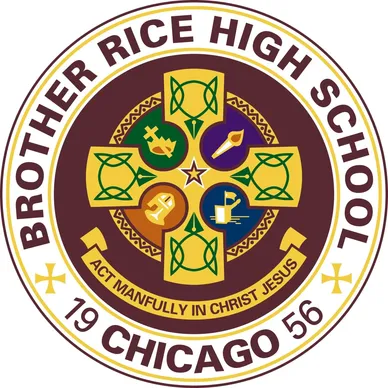 Seal of Brother Rice High School in Chicago, featuring a cross, dollar sign, leaf, and fish symbols, with the motto 'Act Manfully in Christ Jesus' and the year 1956.