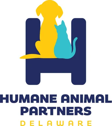 A yellow dog and a blue cat sitting together on a stylized letter H, with the text "Humane Animal Partners Delaware" underneath.