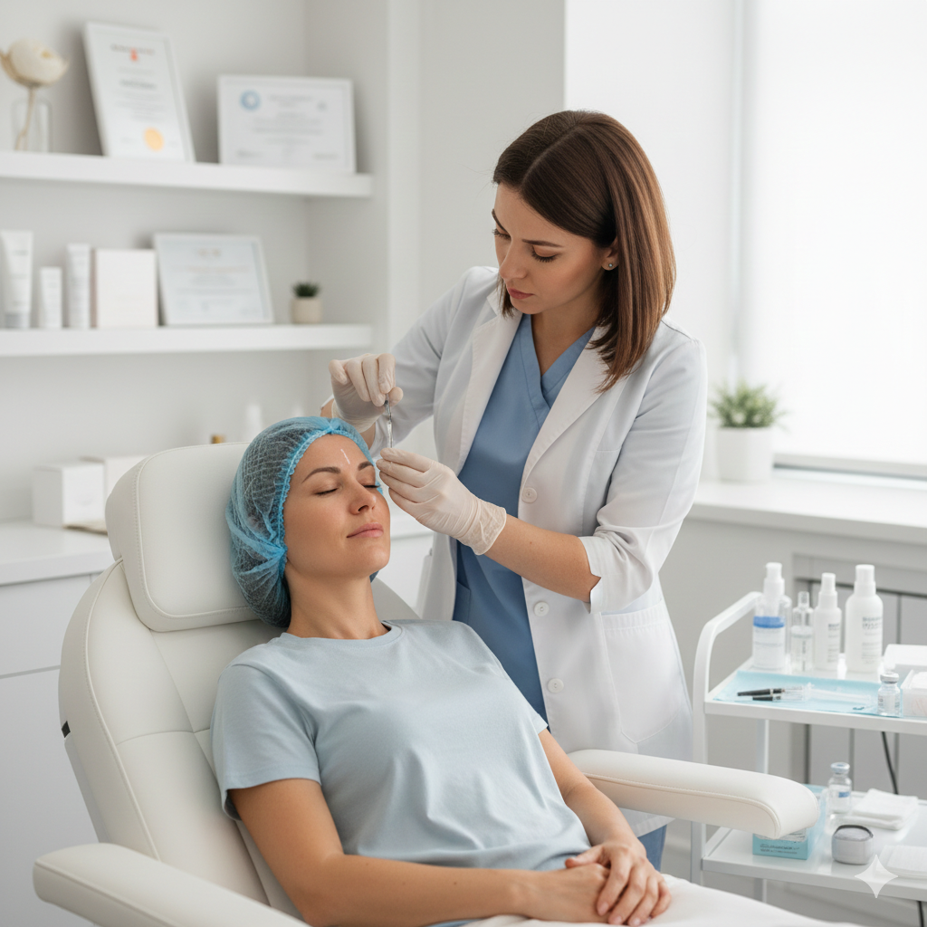 A woman receiving a cosmetic injection in her forehead from a healthcare professional in a clinical setting.