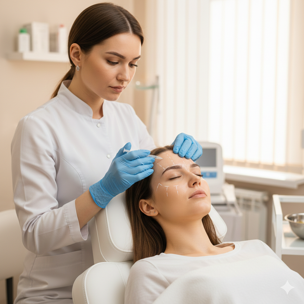 A woman lying down with her eyes closed receives a cosmetic treatment from a professional wearing blue gloves, in a clinical setting.