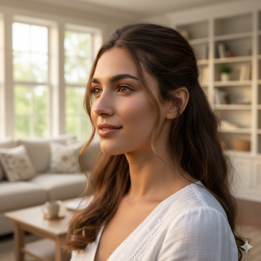 Close-up of a young woman with long, wavy brown hair and light skin, smiling softly, in a bright living room with large windows, a white sofa, and built-in bookshelves.