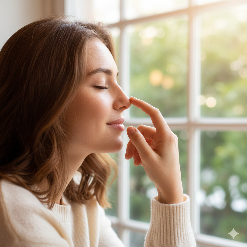 Woman with closed eyes and calm expression touching her nose with her finger, standing near a window with blurred green trees outside.