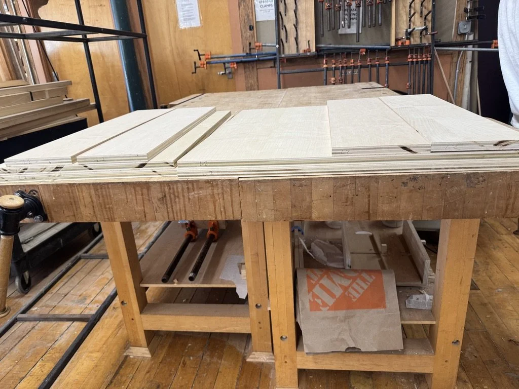 Ash veneered plywood stock for table legs cut to size.